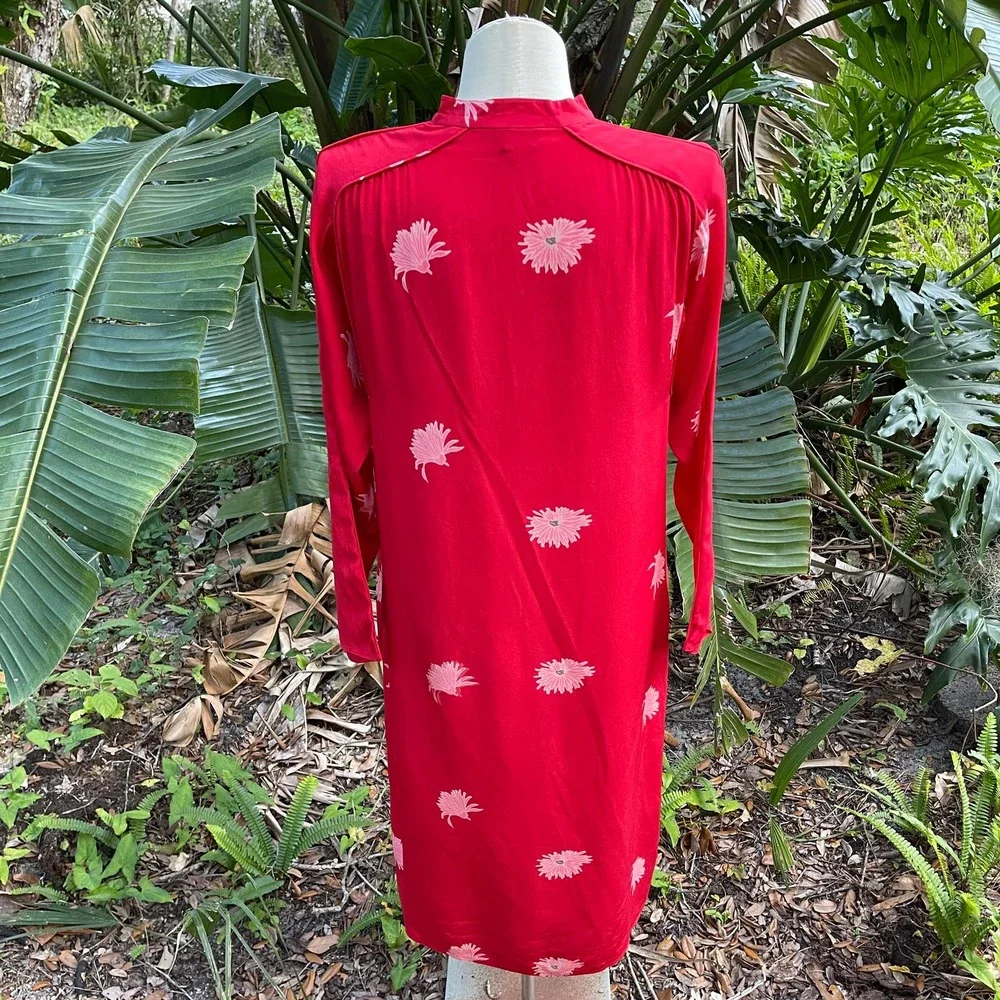 Vintage 70s Red Silk Asian Inspired Dress Floral Long Sleeve Rita Angelo M L - Picture 3 of 13